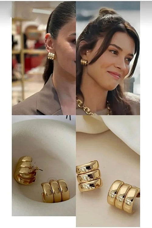 Premium Three Row Steel Rounded Earrings Women Elegant Daily Jewelry