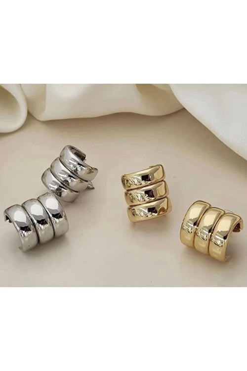 Premium Three Row Steel Rounded Earrings Women Elegant Daily Jewelry