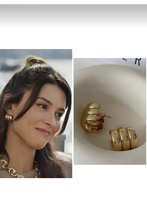 Premium Three Row Steel Rounded Earrings Women Elegant Daily Jewelry